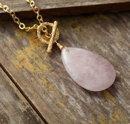 Natural Rose Quartz Teardrop Pendant Necklace with a Gold Plated Chain