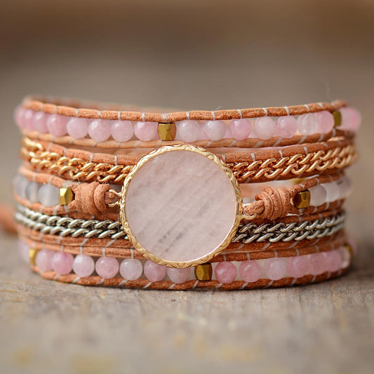 Handmade Natural Rose Quartz Wrap Bracelet - 32.5 Inches + 3 closures