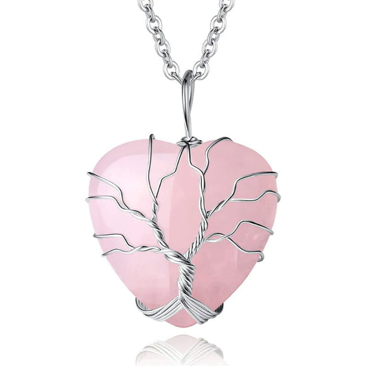Natural Rose Quartz Stone Tree of Life Wrapped Heart Necklace