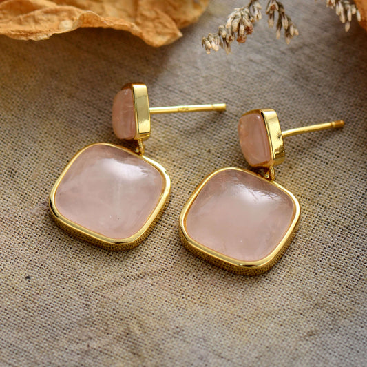 Handmade Rose Quartz and Gold Stud Earrings