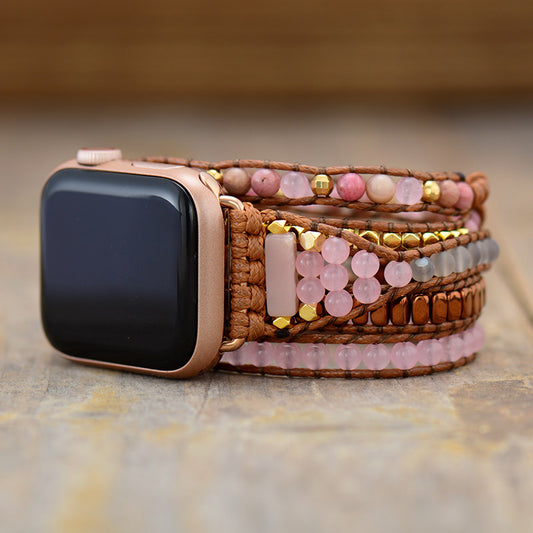 Handmade Natural Rose Quartz and Apple Watch Band 5 Wrap 38-45MM Plate