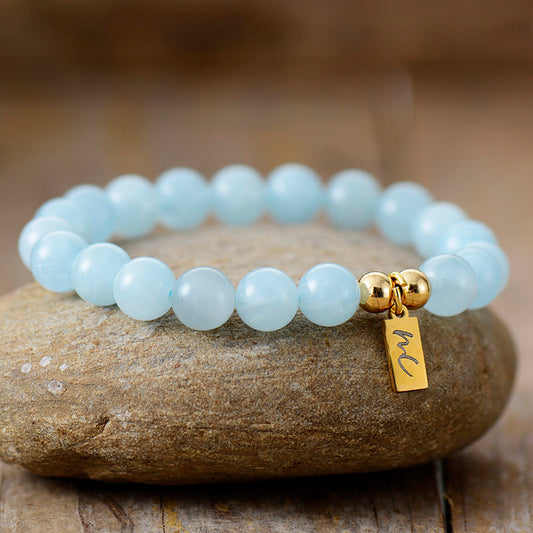 Handmade Natural Aquamarine Beaded Bracelet with a Gold Plated Tag