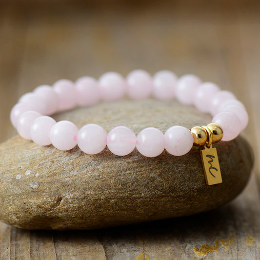 Handmade Natural Rose Quartz Beaded Bracelet with a Gold Plated Tag