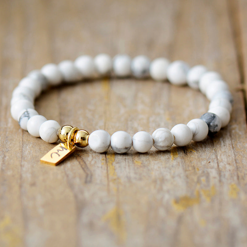 Handmade Natural Howlite Beaded Bracelet with a Gold Plated Tag
