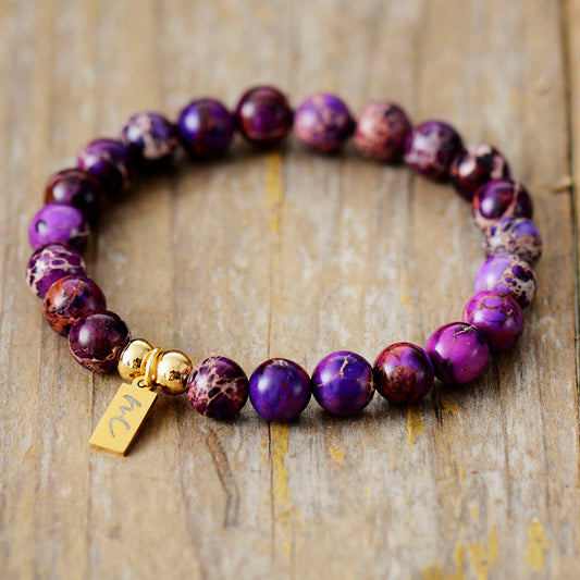 Handmade Purple Imperial Jasper Beaded Bracelet with a Gold Plated Tag