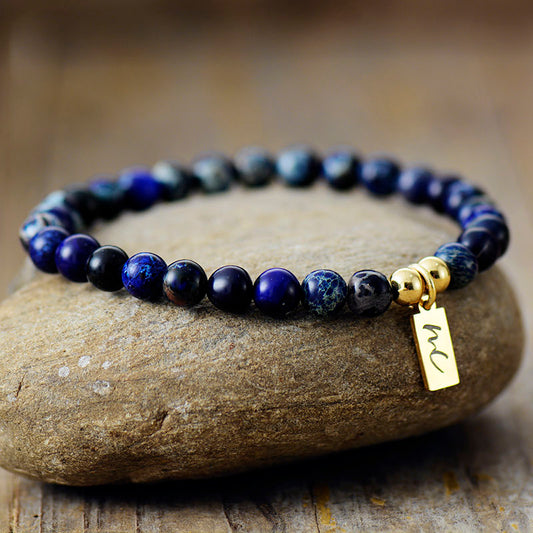 Handmade Blue Imperial Jasper Beaded Bracelet with a Gold Plated Tag