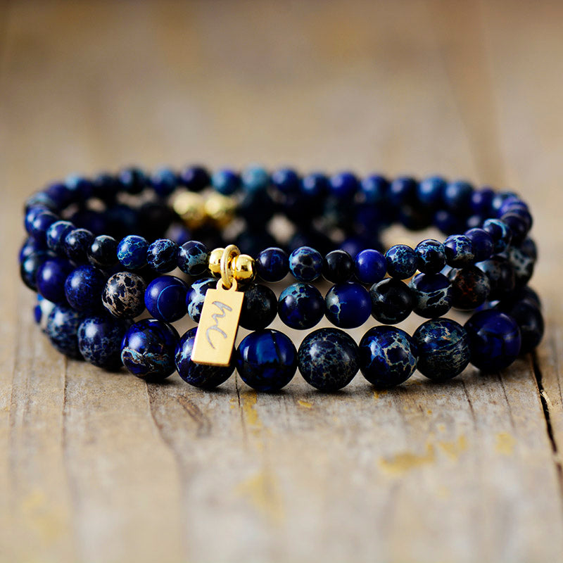 Handmade Blue Imperial Jasper Beaded Bracelet with a Gold Plated Tag