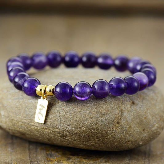 Handmade Natural Amethyst Beaded Bracelet with a Gold Plated Tag