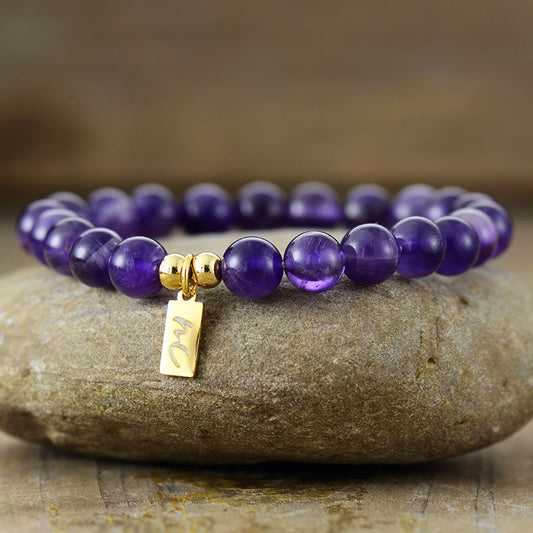 Handmade Natural Amethyst Beaded Bracelet with a Gold Plated Tag