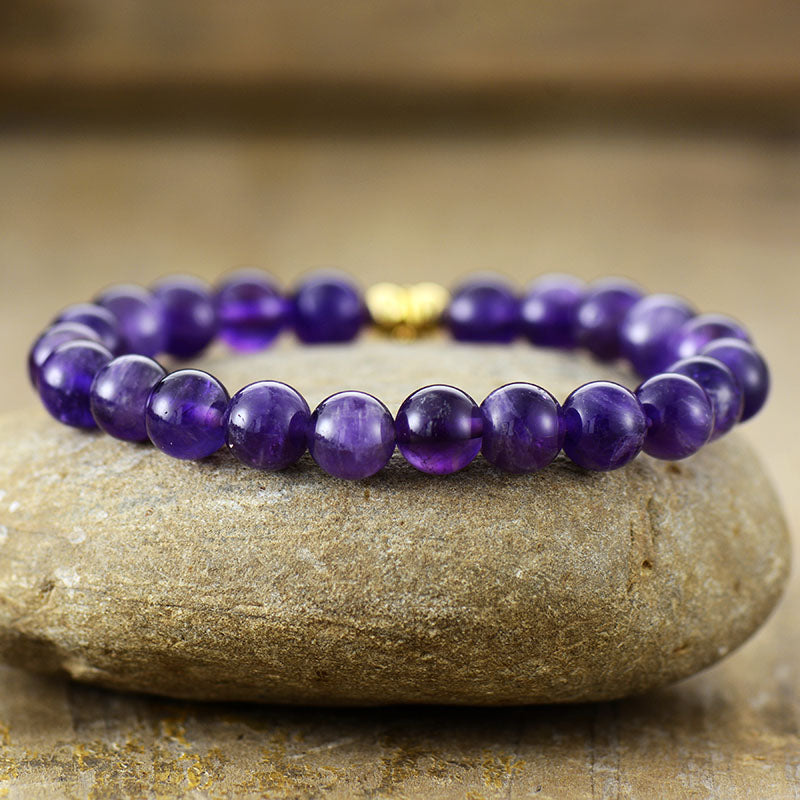 Handmade Natural Amethyst Beaded Bracelet with a Gold Plated Tag