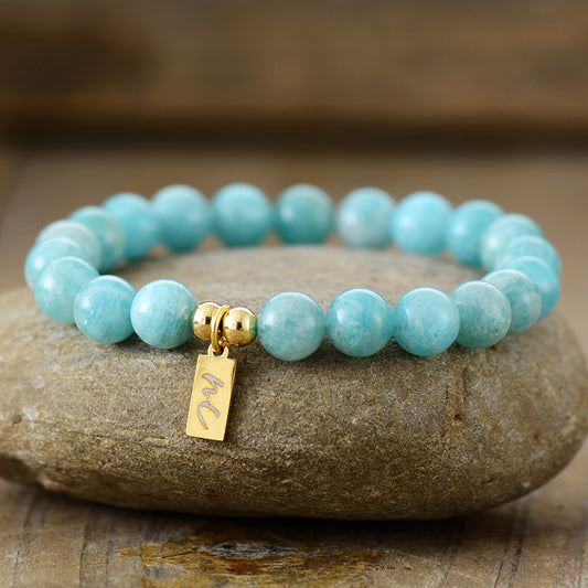 Handmade Natural Amazonite Beaded Bracelet with a Gold Plated Tag