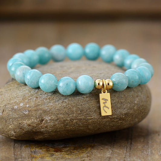 Handmade Natural Amazonite Beaded Bracelet with a Gold Plated Tag