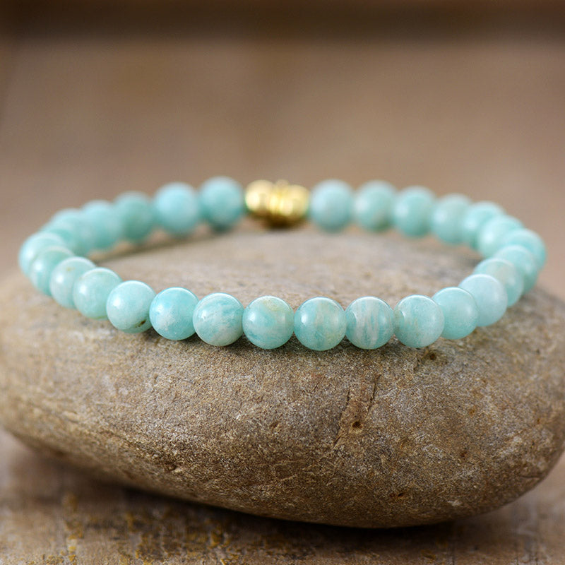 Handmade Natural Amazonite Beaded Bracelet with a Gold Plated Tag