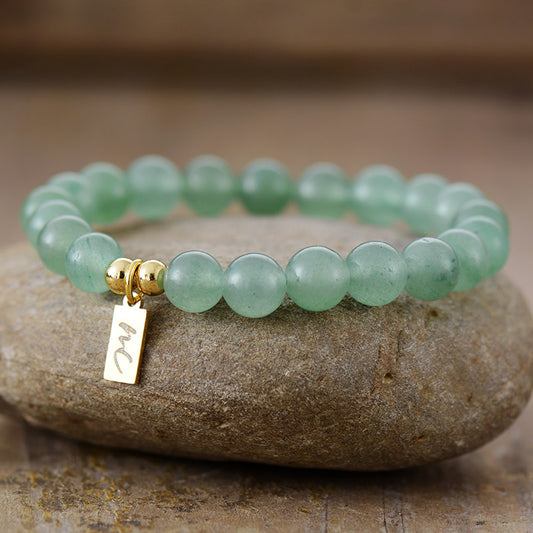 Handmade Natural Aventurine Beaded Bracelet with a Gold Plated Tag