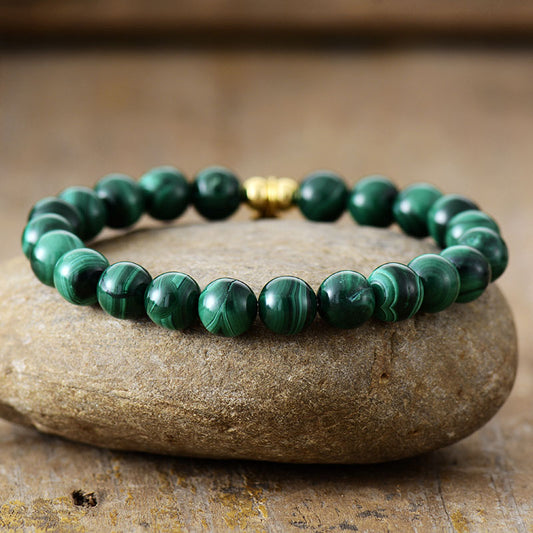 Handmade Natural Malachite Beaded Bracelet with a Gold Plated Tag