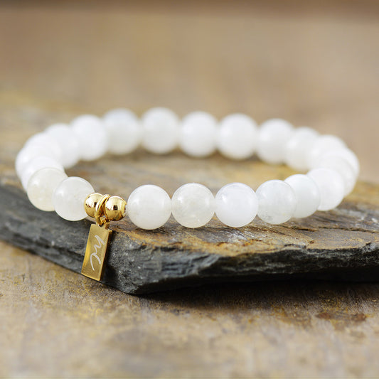 Handmade Moonstone Beaded Bracelet with a Gold Plated Tag