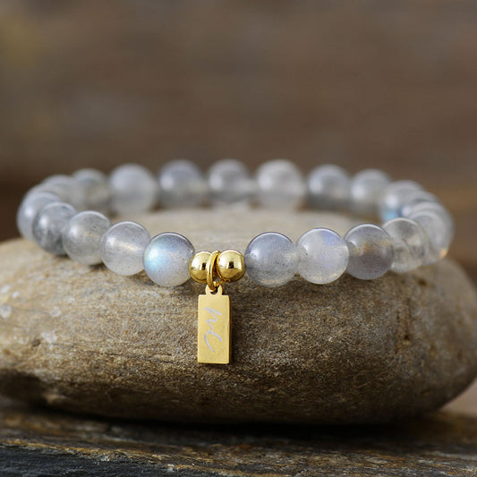Handmade Labradorite Beaded Bracelet with a Gold Plated Tag