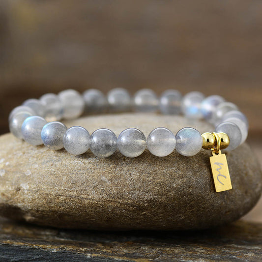 Handmade Labradorite Beaded Bracelet with a Gold Plated Tag