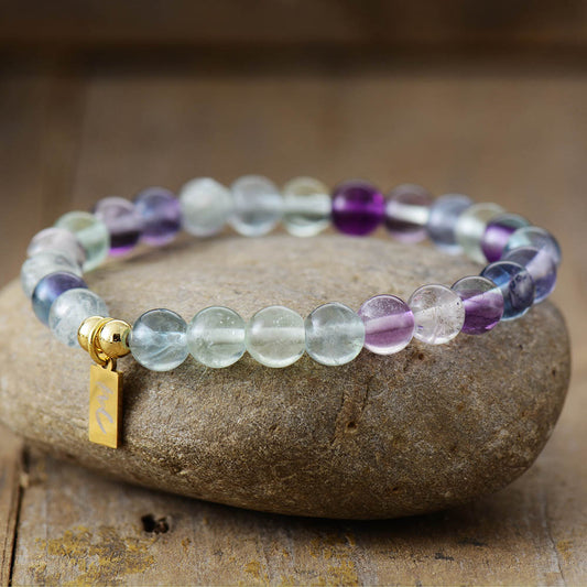 Handmade Fluorite Beaded Bracelet with a Gold Plated Tag