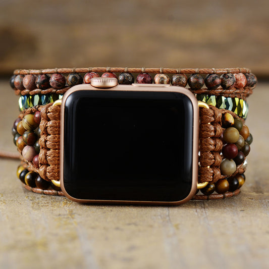 Handmade Tigers Eye, Jasper and Hematite Silver Beaded Apple Watch Bracelet