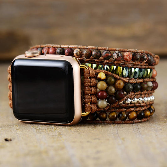 Handmade Tigers Eye, Jasper and Hematite Silver Beaded Apple Watch Bracelet