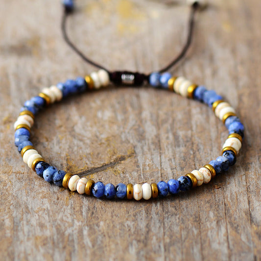 Handmade Sodalite Howlite and Gold Beaded Bracelet - 6.7 inches + adjustable