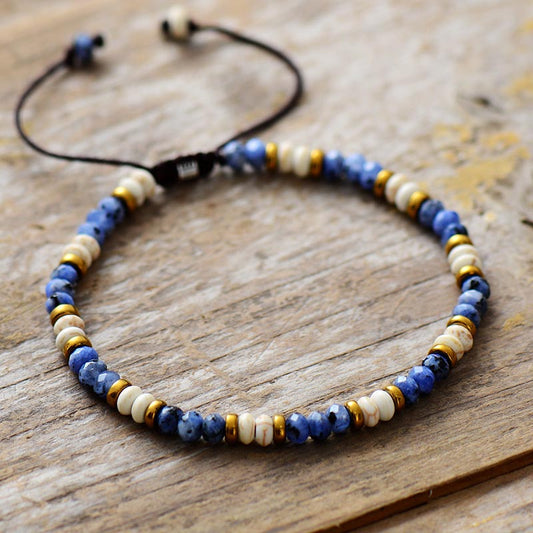 Handmade Sodalite Howlite and Gold Beaded Bracelet - 6.7 inches + adjustable