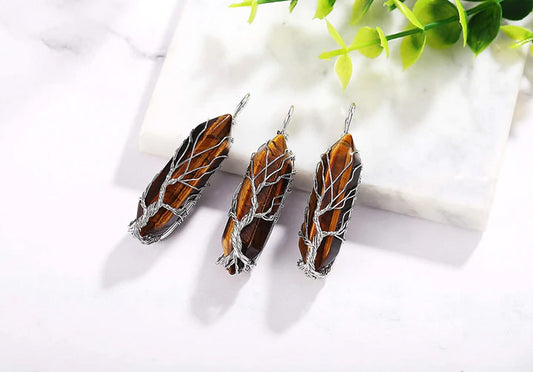 Tree Of Life Natural Tigers Eye Crystal Pendant Necklace