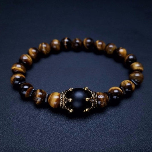 Luxury Antique Crown with Tiger's Eye and Black Onyx Bracelet
