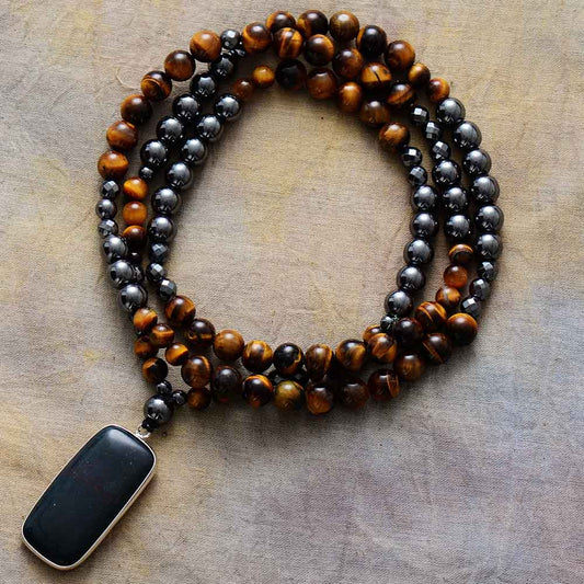 Handmade Tigers Eye and Hematite Pendant Mala Necklace - 33.5 Inches