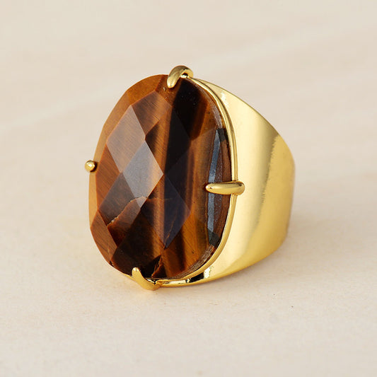 Resizable Tigers Eye Natural Stone Gold Plated Ring - Size 7