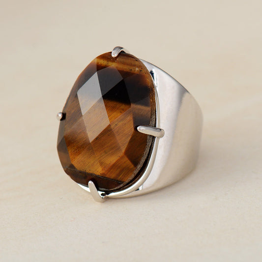 Resizable Tigers Eye Natural Stone Silver Plated Ring - Size 7