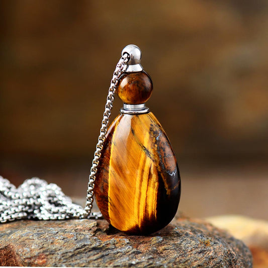 Handmade Natural Tigers Eye & Stainless Steel Perfume Bottle Necklace