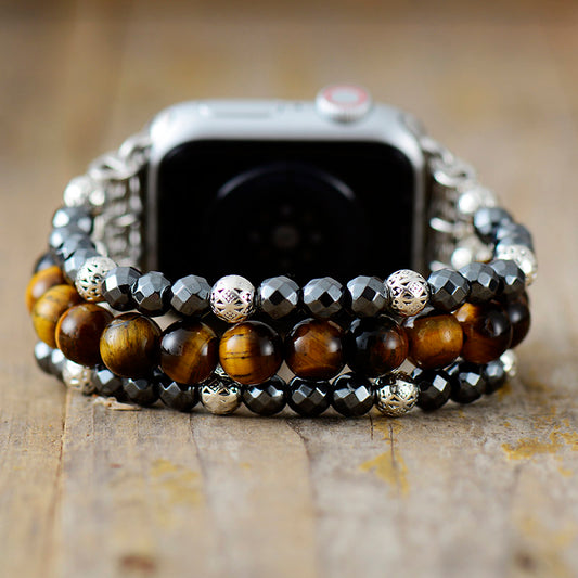 Handmade Tigers Eye and Hematite Apple Watch Stretch Band 38-45MM Plate