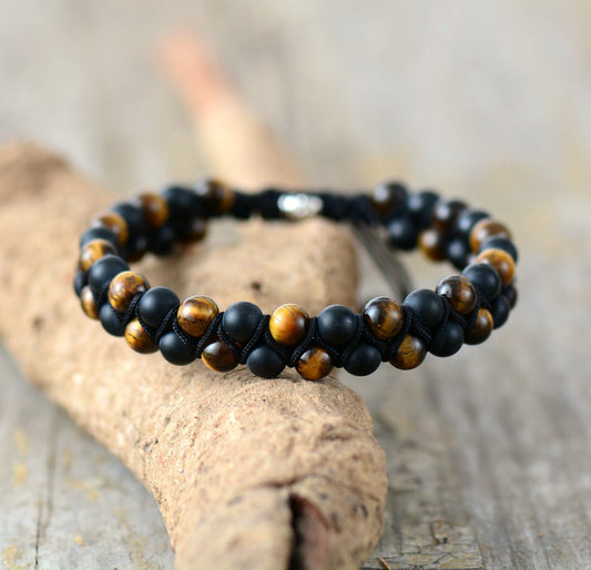 Handmade Natural Tigers Eye and Onyx Braided Bracelet 7.3-10.3 Inches