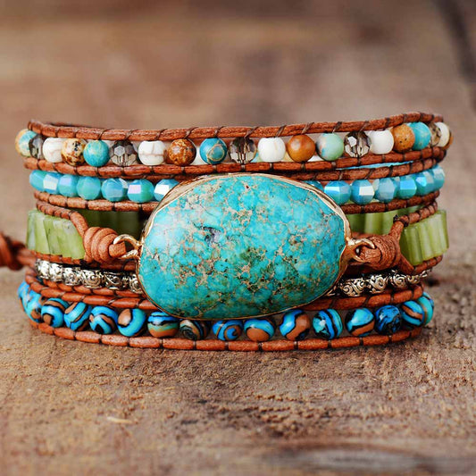 Handmade Natural Turquoise 5 Layers Crystal Wrap Bracelet