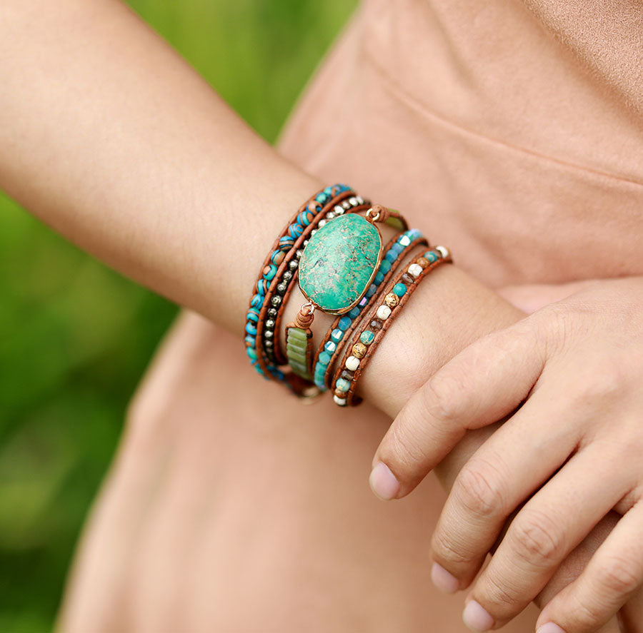 Handmade Natural Turquoise 5 Layers Crystal Wrap Bracelet