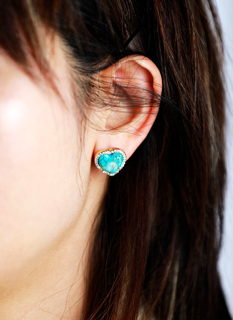 Handmade Turquoise & Crystal Heart Shaped Earrings
