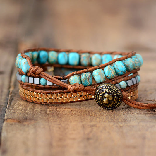 Handmade Leather and Turquoise Stone Bracelet 19.7 Inches + 3 Closures