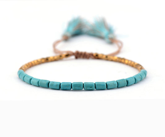 Handmade Turquoise & Gold Beads Adjustable Bracelet with Tassels