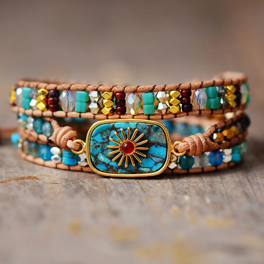 Handmade Turquoise and Jasper Leather Bracelet - 19.7 inches +3 closures