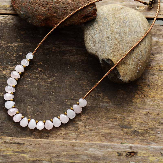 Handmade Natural Rose Quartz Teardrop Choker Necklace - 18 Inches