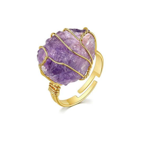 Resizable Gold Wire Wrapped Crystal Ring - Amethyst
