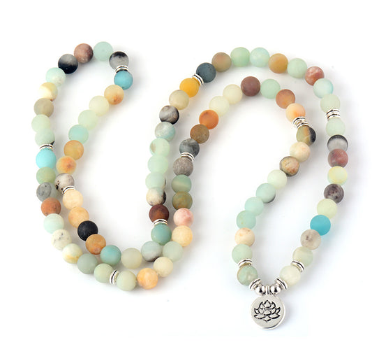 Handmade 108 Beads Frosted Amazonite Lotus Charm Mala Bracelet - 80cm