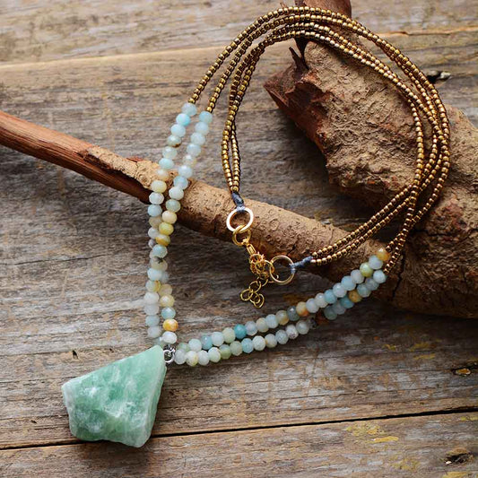 Amazonite Pendant Choker beaded Necklace with 2 Strands