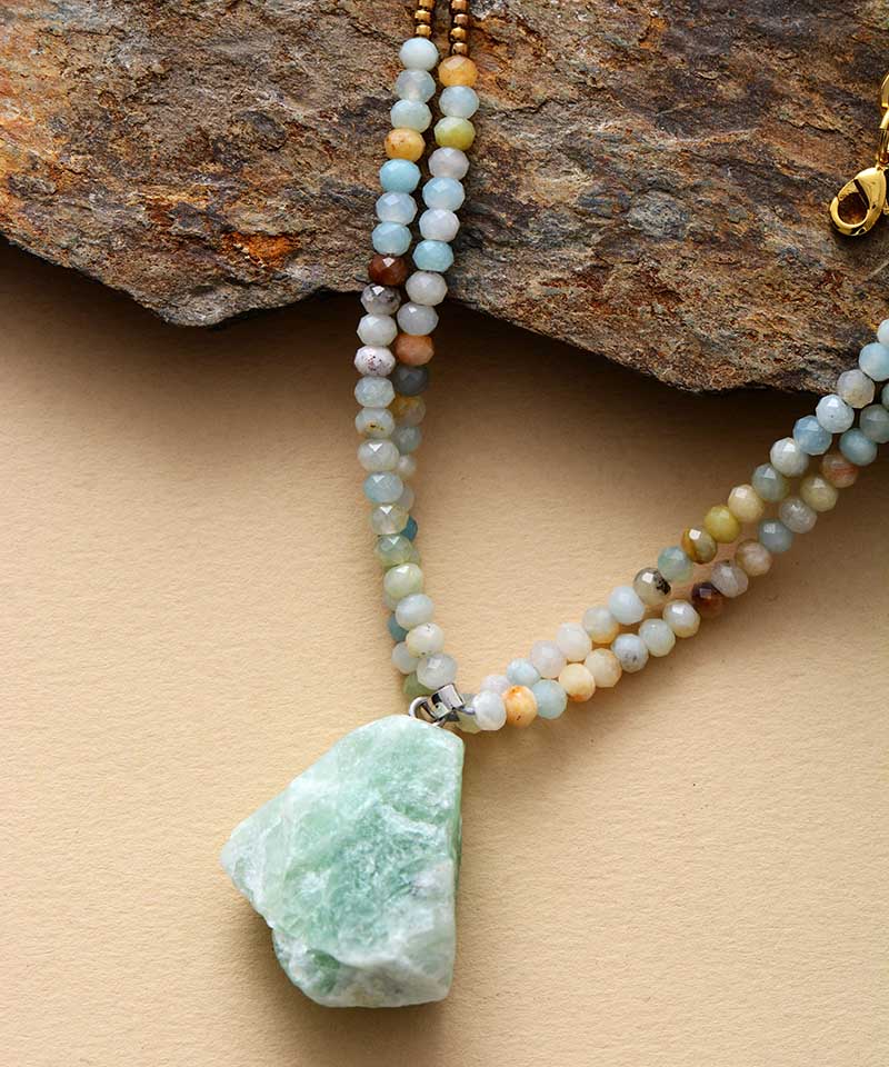 Amazonite Pendant Choker beaded Necklace with 2 Strands