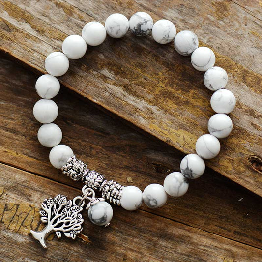 Handmade Natural Howlite and Tree of Life Charm Bracelet 18.18.5cm