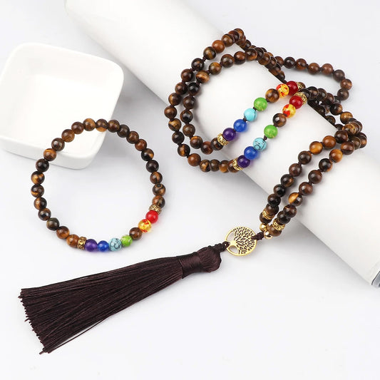 7 Chakra and Tiger Eye Natural Beaded Mala and Bracelet Set