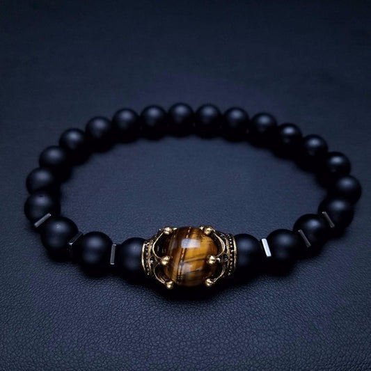 Luxury Antique Crown with Black Onyx and Tiger's Eye Bracelet