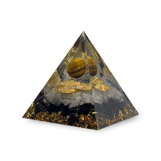 Orgone Energy Resin Pyramid with Obsidian Crystal, Clear Quartz and Tigers Eye